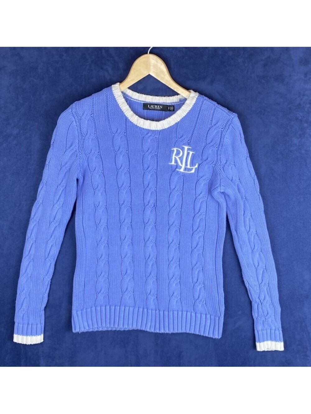 Ralph Lauren RLL  Blue Cable Knit Crew Neck Sweater Sz. S. White Trim